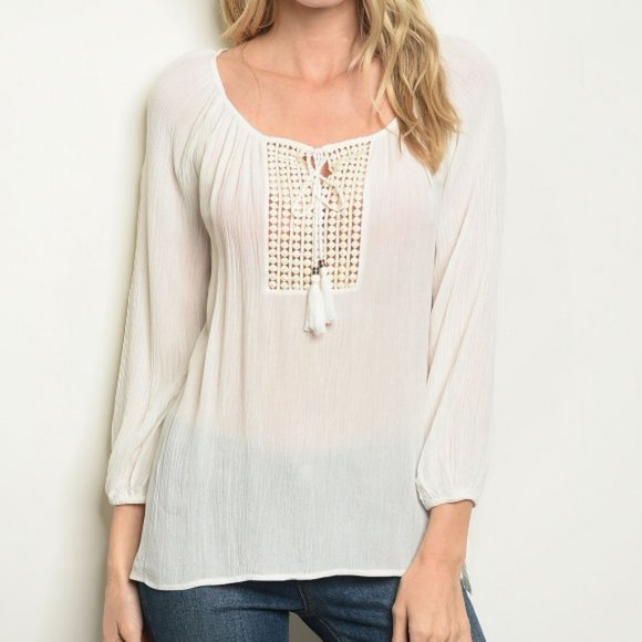 Tops - Tie Neck Applique Detail Peasant Blouse